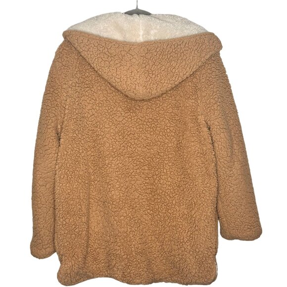 Me Jane Womens Hooded Sherpa Jacket Faux Fur Tan S Cozy Pockets Teddy Fuzzy Soft - Picture 3 of 9